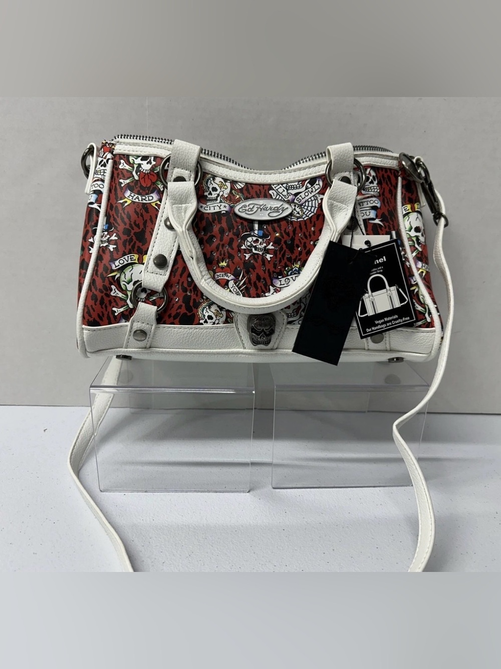 Ed Hardy Tattoo Print Cheetah Handbag White Crossbody Bag Satchel Skulls Purse